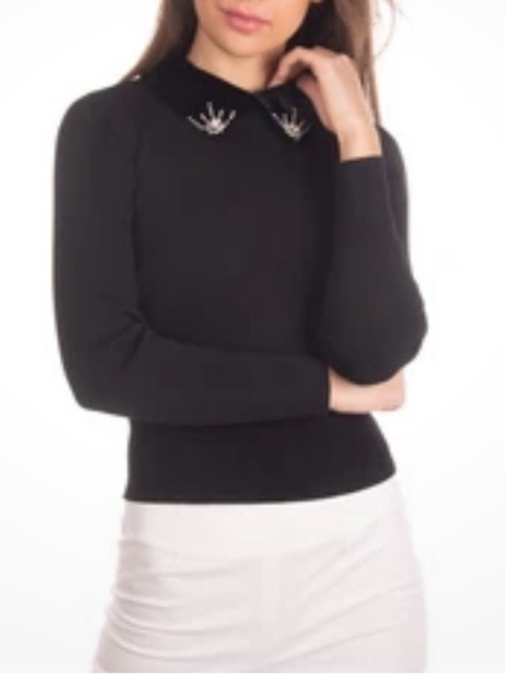 Sandro Black Ribbed Sweater with Rhinestone Contrast Collar Size 1/S